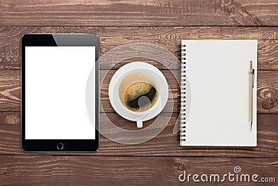 Tablet coffee and book blank on wood Stock Photo