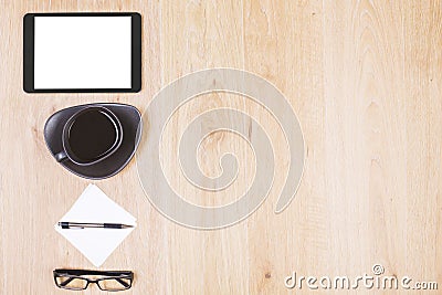 Tablet, coffee and other items Stock Photo
