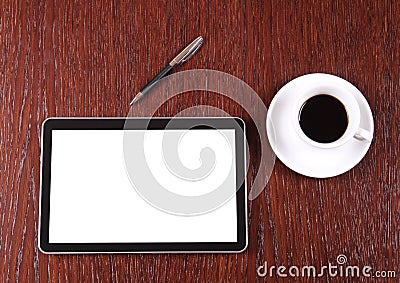 Tablet, coffee and pen Stock Photo
