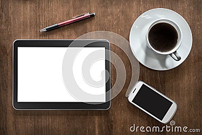 A Tablet, Coffee, A Smartphone And A Pencil On Living-Room Table Stock Photo
