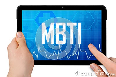 Tablet computer with acronym MBTI Myers-Briggs type indicator isolated on white background Stock Photo