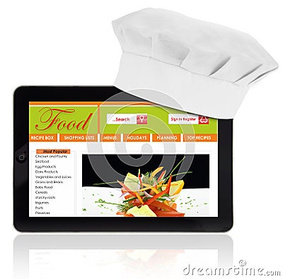 Tablet computer with chef hat and recipe website template Editorial Stock Photo