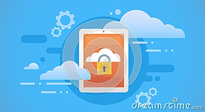 Tablet Computer Cloud Database Lock Screen Data Privacy Protection Vector Illustration