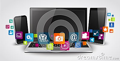 Tablet computer and mobile phones with colorful application icon Vector Illustration