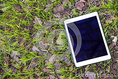 Tablet computer with natural spring background of fresh green gr Stock Photo