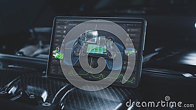 Tablet computer screen shows 3D visualization of car diagnostics software Stock Photo