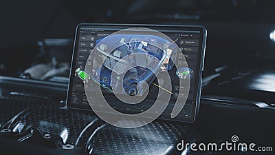 Tablet computer screen shows 3D visualization of car diagnostics software Stock Photo