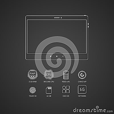 Tablet computer specifications with flat line icons Vector Illustration