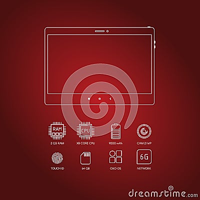 Tablet computer specifications with flat line icons Vector Illustration