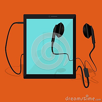 Tablet is connected with earphones Vector Illustration