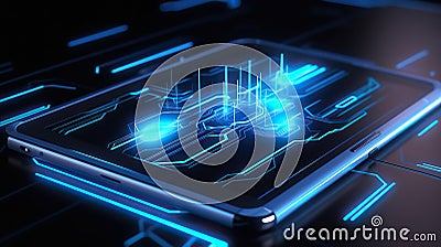 A tablet device is displayed with blue lights on it. Generative AI Stock Photo