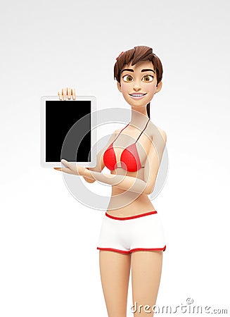 Tablet Device Mockup With Blank Screen Held by Smiling and Happy Jenny - 3D Cartoon Female Character in Swimsuit Bikini Stock Photo