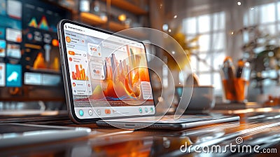 Tablet displaying analytics dashboard for content personalization in a modern workspace. Real-time personalization and data Stock Photo