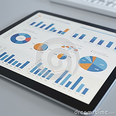 Tablet displaying data visualizations, including bar, pie, and line charts. The charts Stock Photo