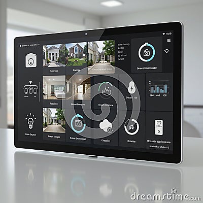 Tablet displaying a smart home interface. The screen shows various controls Stock Photo