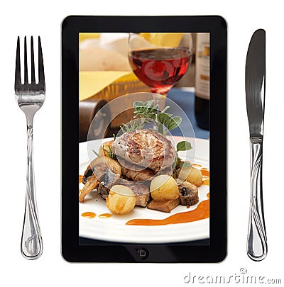 Tablet with food photo Editorial Stock Photo