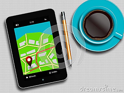 Tablet with gps navigation application, coffee and pencil lying Stock Photo