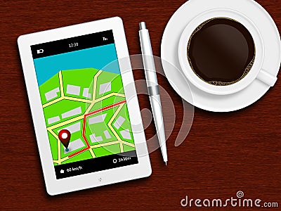 Tablet with gps navigation application, coffee and pencil lying Stock Photo