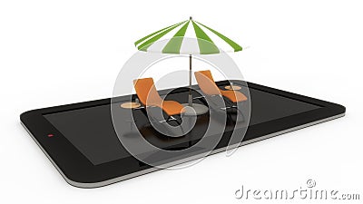 Tablet with hammocks and umbrella Stock Photo