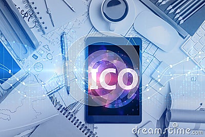 Tablet with ICO hologram Stock Photo