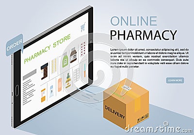 Tablet in isometry, an online medicine store concept for a banner, web page, flyer, or mobile app. Pharmacy store online Vector Illustration