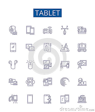 Tablet line icons signs set. Design collection of Tablet, iPad, Android, Samsung, Fire, Windows, Kindle, Computer Vector Illustration