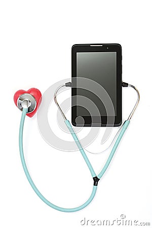 Tablet listening puls red heart stethoscope - on white backgrond Stock Photo