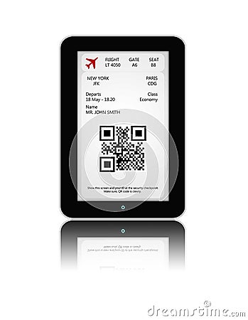 Tablet with mobile boarding pass over white Stock Photo