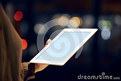 Tablet mockup, hands or night with screen and woman, business advertising or customer experience insight. Brand Stock Photo
