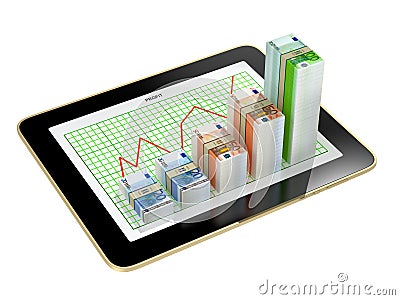 Tablet - money bar graphs showing profit grow Stock Photo