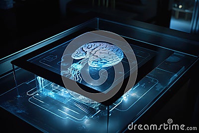 tablet with MRI photo of the brain, hologram, Alzheimer's, brain diseases, Generative AI Stock Photo