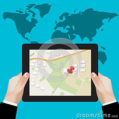 Tablet navigation; gps concept; location on touchscreen tablet; Vector illustration in flat design for web sites, Infographic desi Vector Illustration
