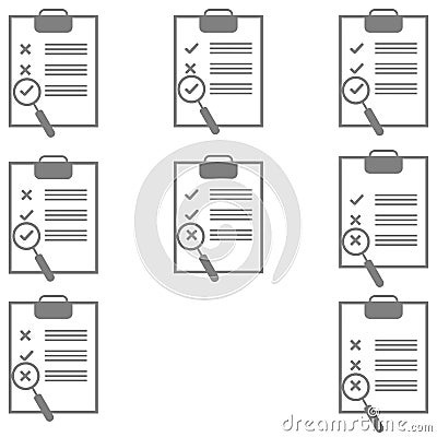 Tablet , paper and loupe it is grey icon. Vector Illustration