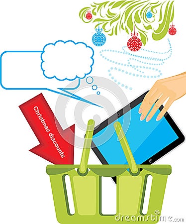 Tablet pc in a basket shop. Christmas discounts Vector Illustration