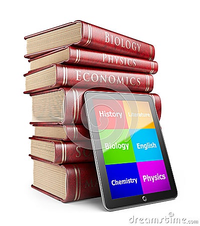 Tablet PC with books. Education concept. 3D Icon Stock Photo