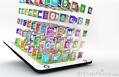 Tablet PC with cloud of application icons Stock Photo