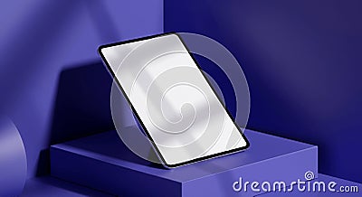 Tablet PC displaying 3D rendered graphs and cards, a technological tool for business and design Stock Photo