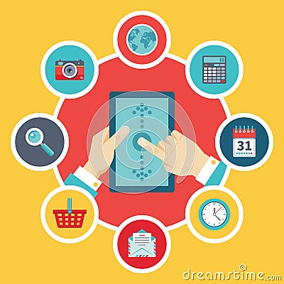 Tablet PC with Hands & Vector Icons - Flat Design Style Vector Illustration