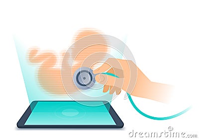 Tablet PC with hologram of unborn baby. Doctor checks pulse. Vector Illustration