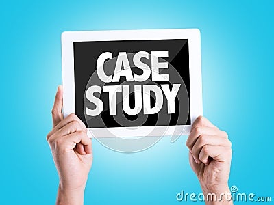 Tablet pc with text Case Study with blue background Stock Photo