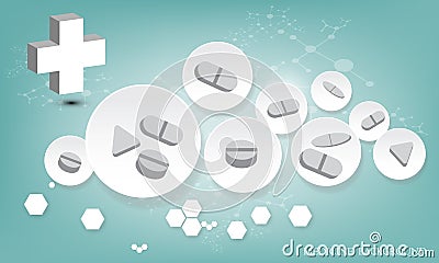 Tablet and pill on 3D circle background.vector illustration. Vector Illustration