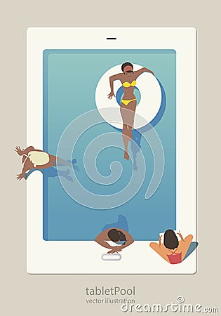 Tablet Pool. Group of people taking a bath in a pool tablet Vector Illustration