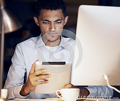 Tablet reading, night focus and business man review article for media app, website database or social network feedback Stock Photo