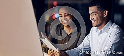 Tablet reading, night teamwork and business people review article for media app, website database or social network Stock Photo