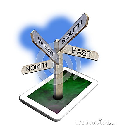Tablet satnav sign post arrows direction north south east west Stock Photo
