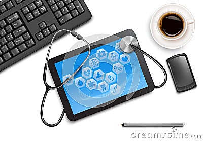 Tablet screen with medical icons and stethoscope Vector Illustration