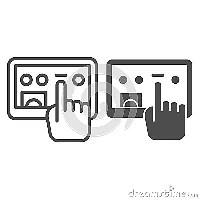 Tablet and selection hand line and glyph icon. Hand with digital tablet vector illustration isolated on white. Touch Vector Illustration
