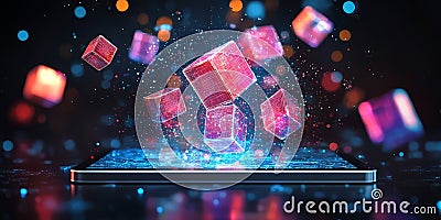 A tablet showing 3D learning modules hovering in the air, representing e-learning and interactive business training Stock Photo