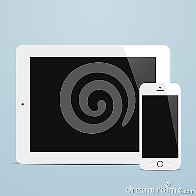 Tablet and smartphone with blank screen blue background Stock Photo