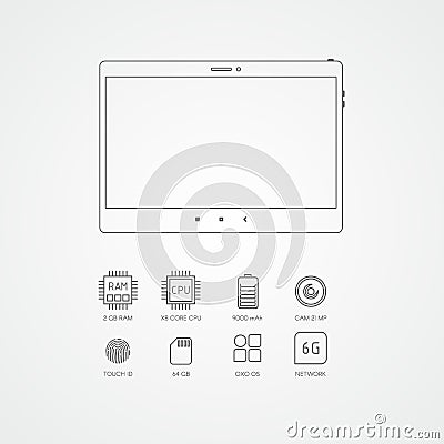 Tablet specification flat line icons. Gadget descript Vector Illustration